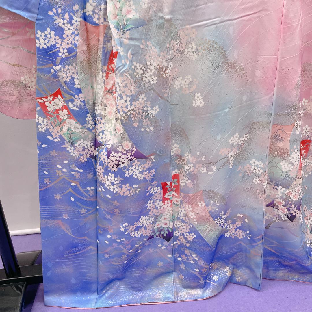 ★4092★ 振袖 単品 袷 スカイブルー ピンク色 レトロ品
