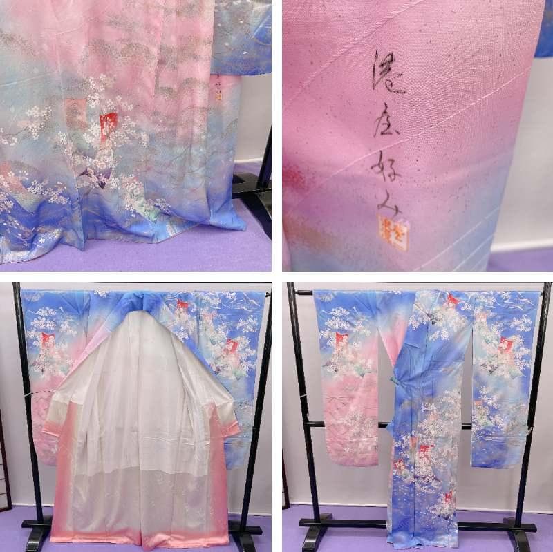 ★4092★ 振袖 単品 袷 スカイブルー ピンク色 レトロ品