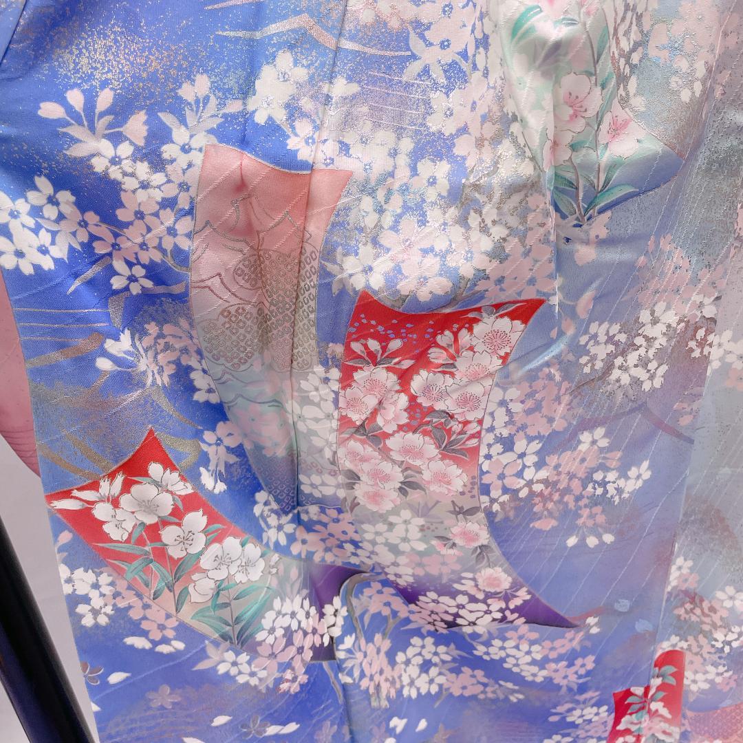 ★4092★ 振袖 単品 袷 スカイブルー ピンク色 レトロ品