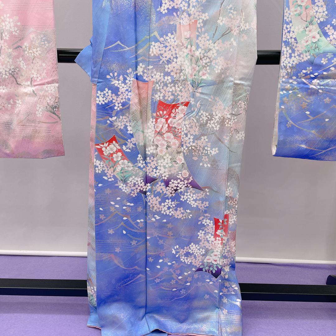 ★4092★ 振袖 単品 袷 スカイブルー ピンク色 レトロ品