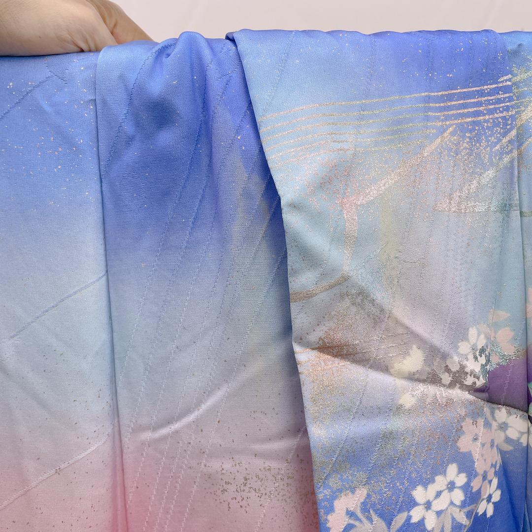 ★4092★ 振袖 単品 袷 スカイブルー ピンク色 レトロ品