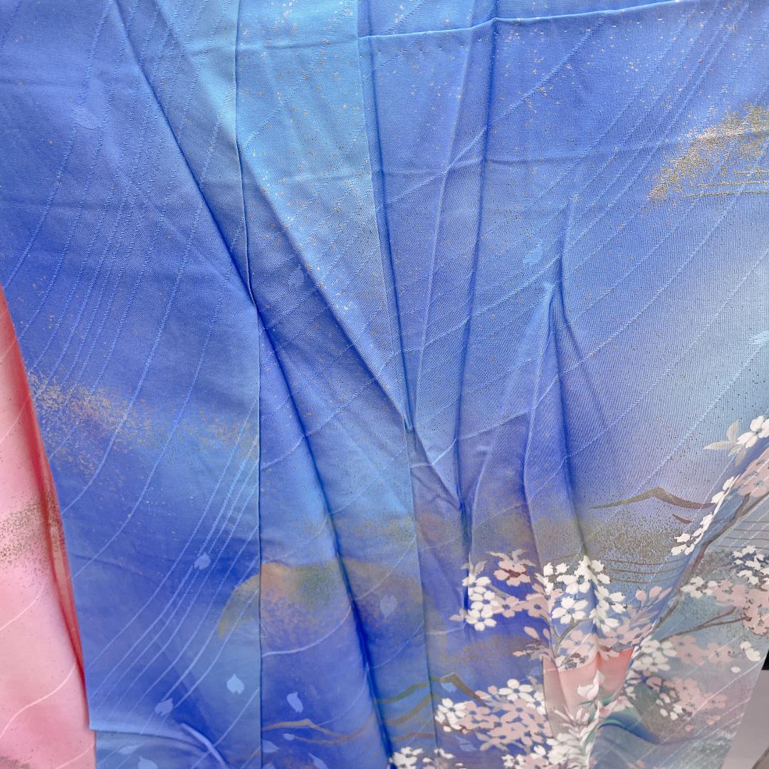 ★4092★ 振袖 単品 袷 スカイブルー ピンク色 レトロ品