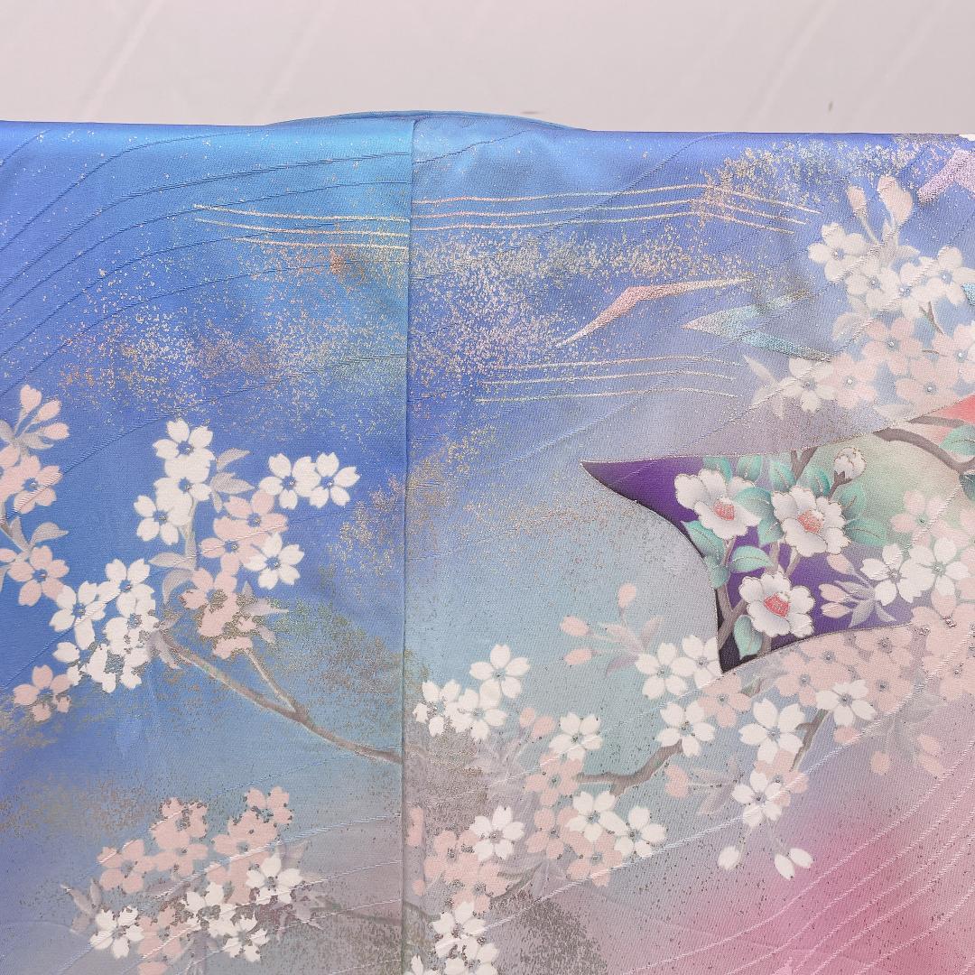 ★4092★ 振袖 単品 袷 スカイブルー ピンク色 レトロ品