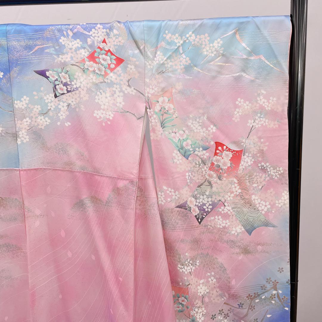 ★4092★ 振袖 単品 袷 スカイブルー ピンク色 レトロ品
