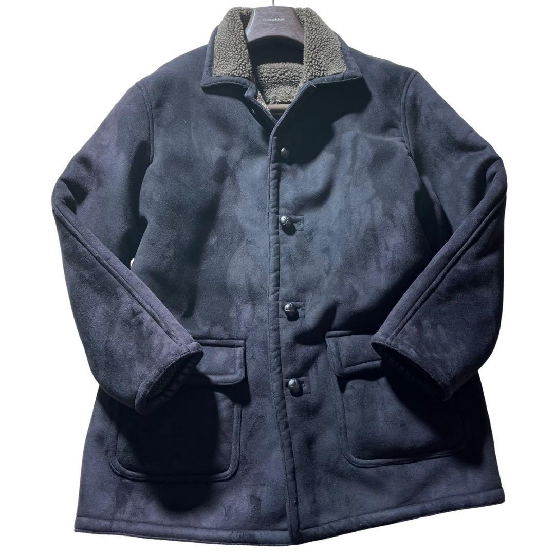 美品■ヴァンヂャケット　ランチコート　スウェード　ボア　くるみボタン　黒　L