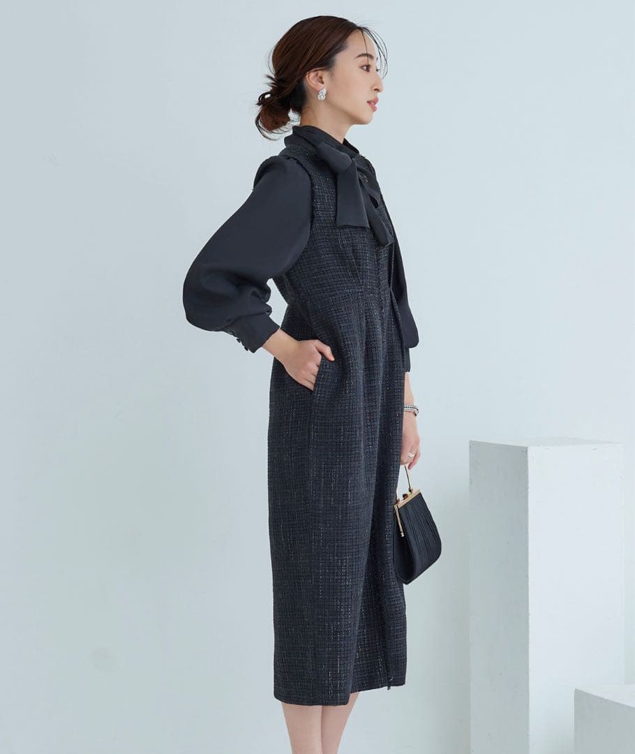 ミックスツイードコンビ・ロングナローワンピースドレス