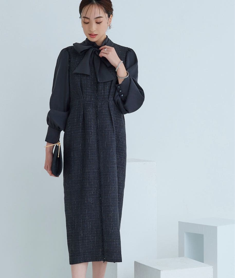 ミックスツイードコンビ・ロングナローワンピースドレス