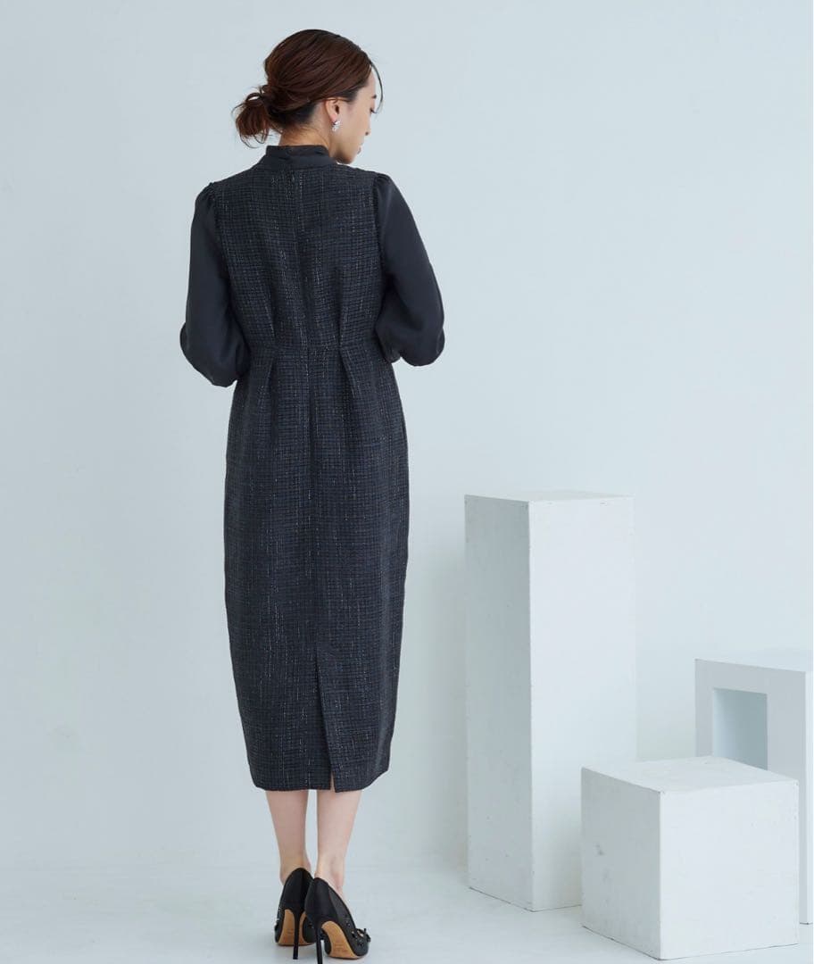 ミックスツイードコンビ・ロングナローワンピースドレス
