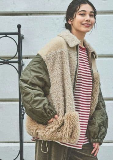 【新品】ニコアンド☆パッチワークボアブルゾン　ベージュ　 F