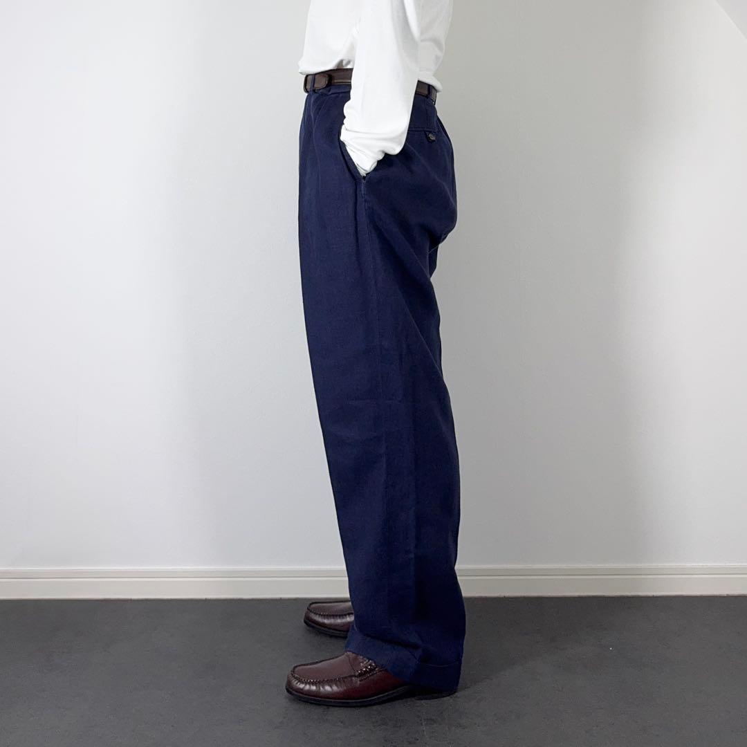 RalphLauren LINEN 2タックスラックス ネイビーW36L30古着