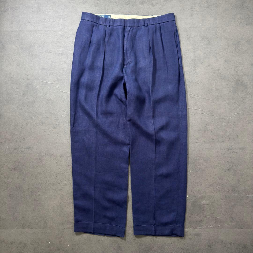 RalphLauren LINEN 2タックスラックス ネイビーW36L30古着