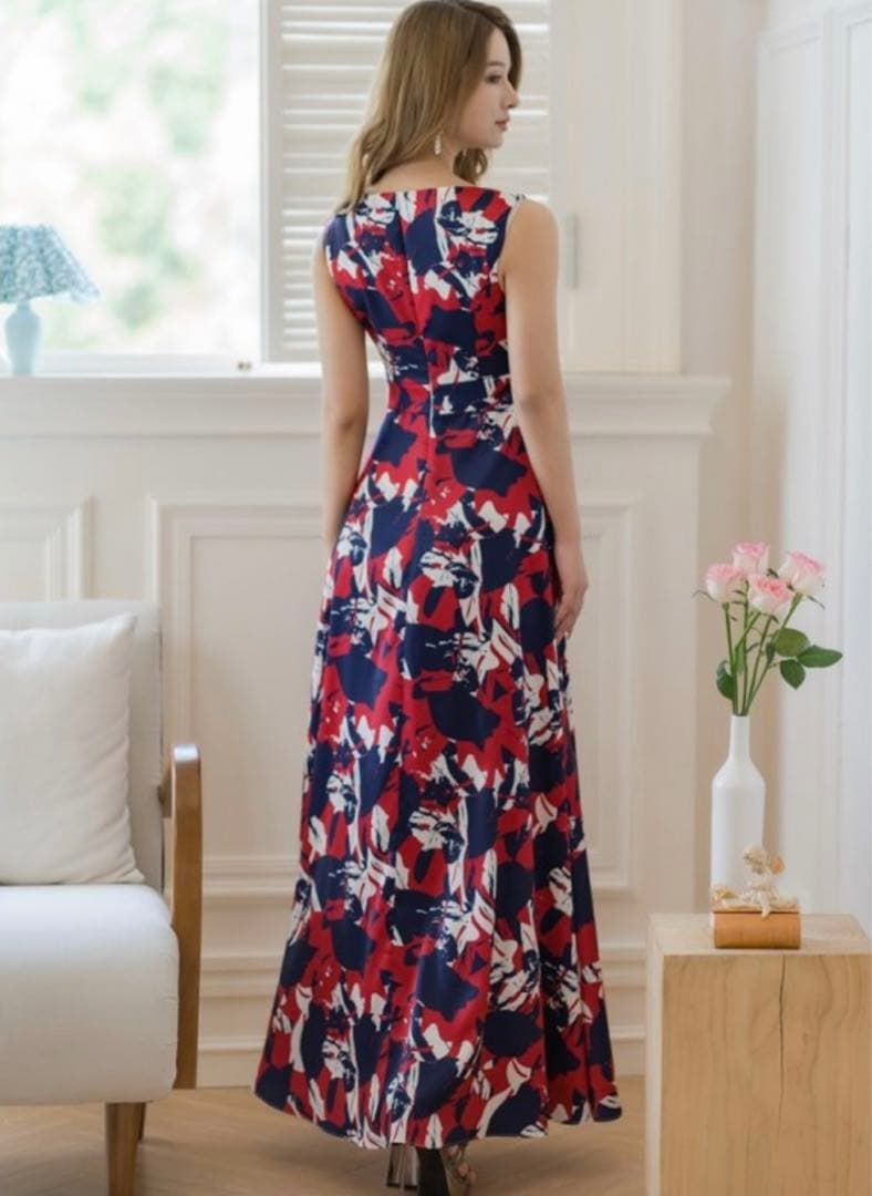 美品GINZA COUTURE プリント柄 ノースリーブ Aライン ロングドレス