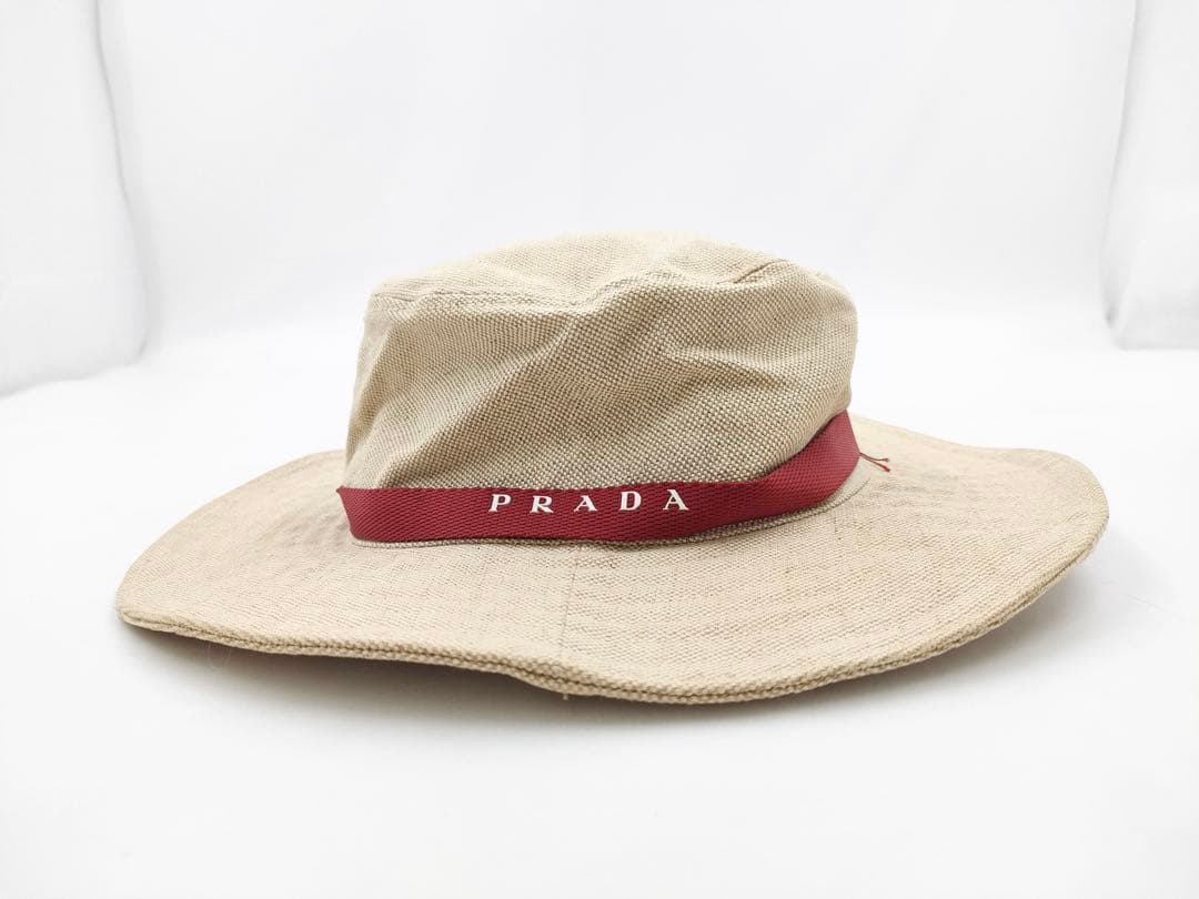 【人気】PRADA プラダ ハット 帽子 ロゴリボン リネン混 Sサイズ