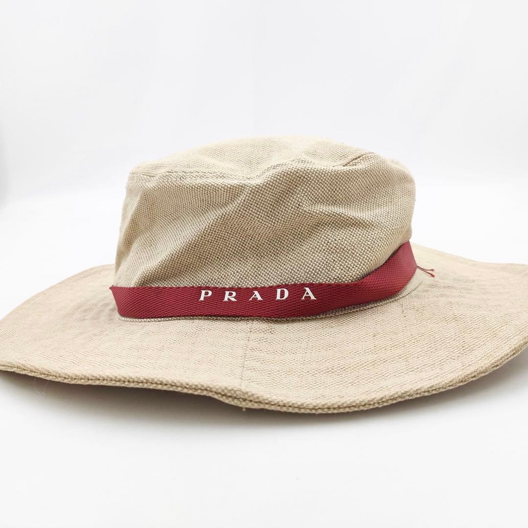 【人気】PRADA プラダ ハット 帽子 ロゴリボン リネン混 Sサイズ