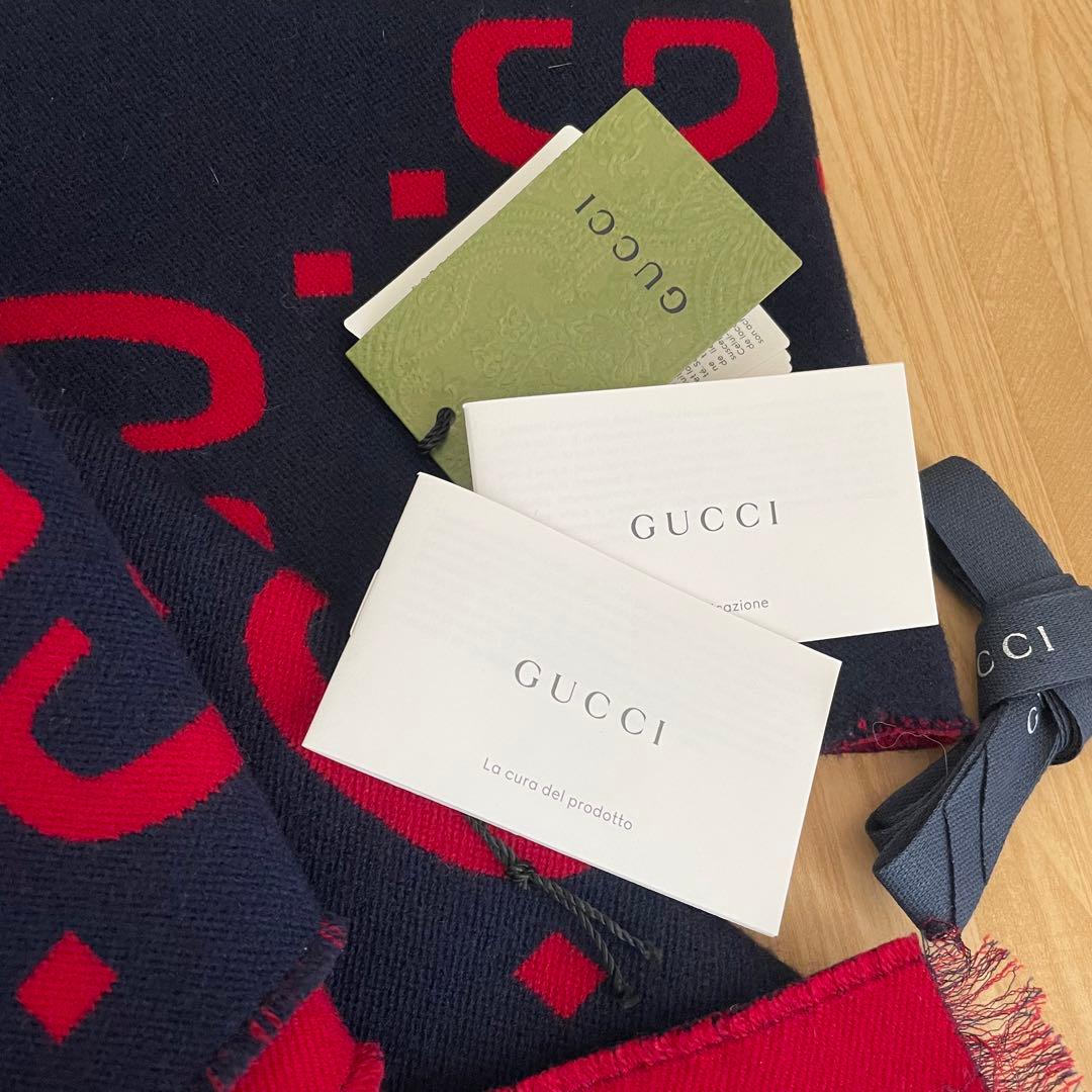 美品　付属品完備　GUCCI グッチ　GGジャガード マフラー ネイビー/レッド