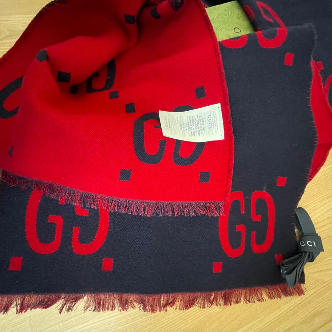 美品　付属品完備　GUCCI グッチ　GGジャガード マフラー ネイビー/レッド