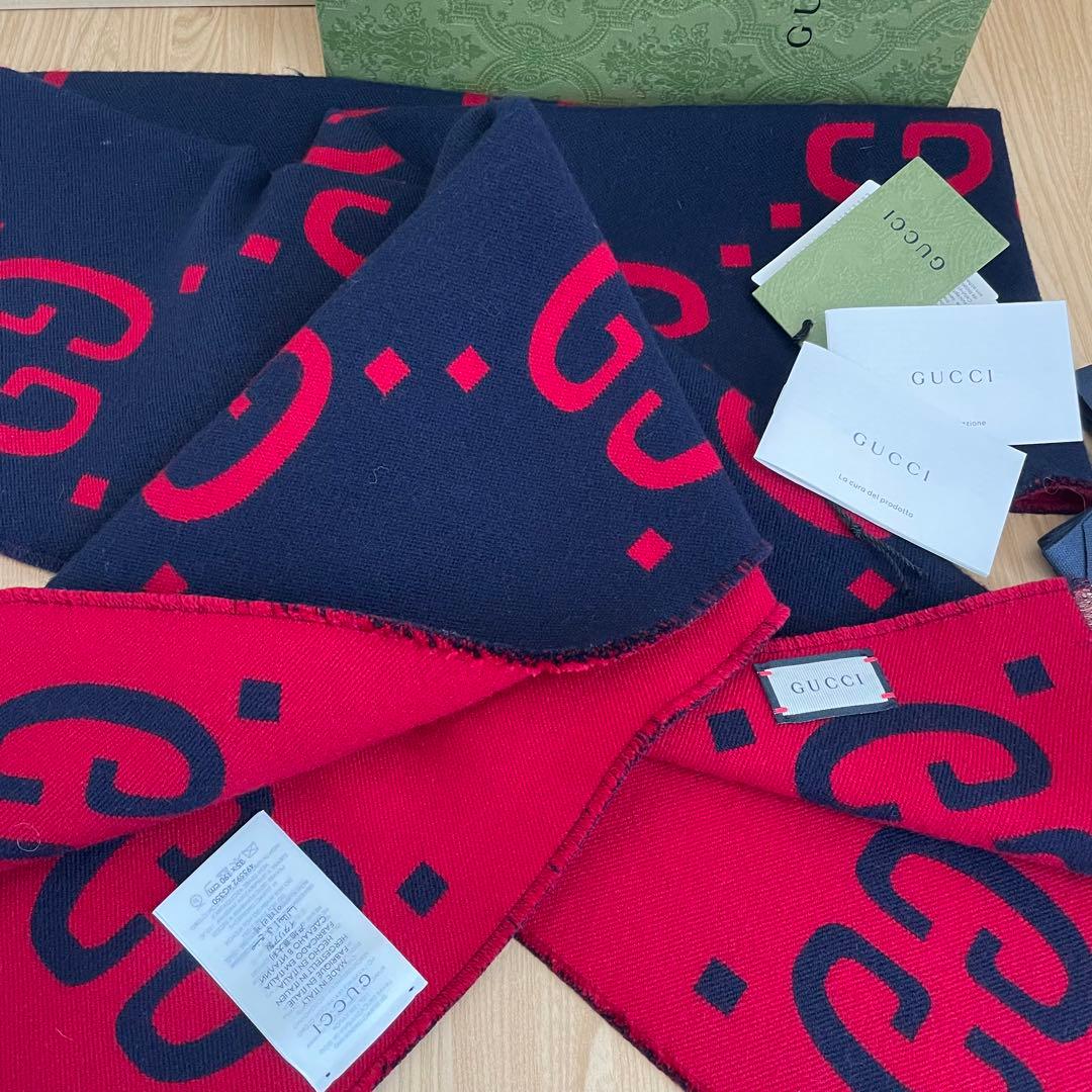美品　付属品完備　GUCCI グッチ　GGジャガード マフラー ネイビー/レッド