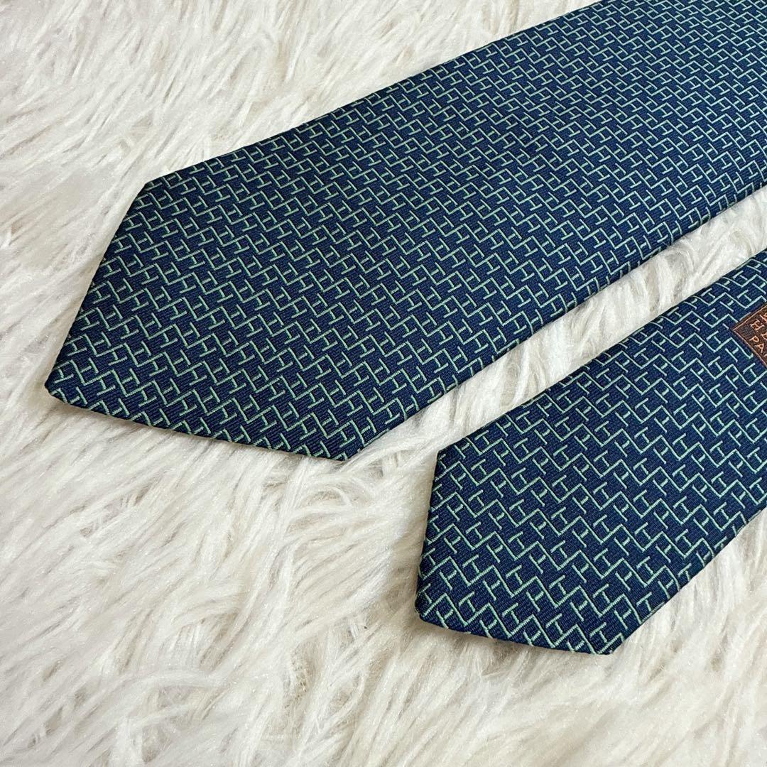 【未使用】HERMES ネクタイ H柄 シルク100% ネイビー グリーン