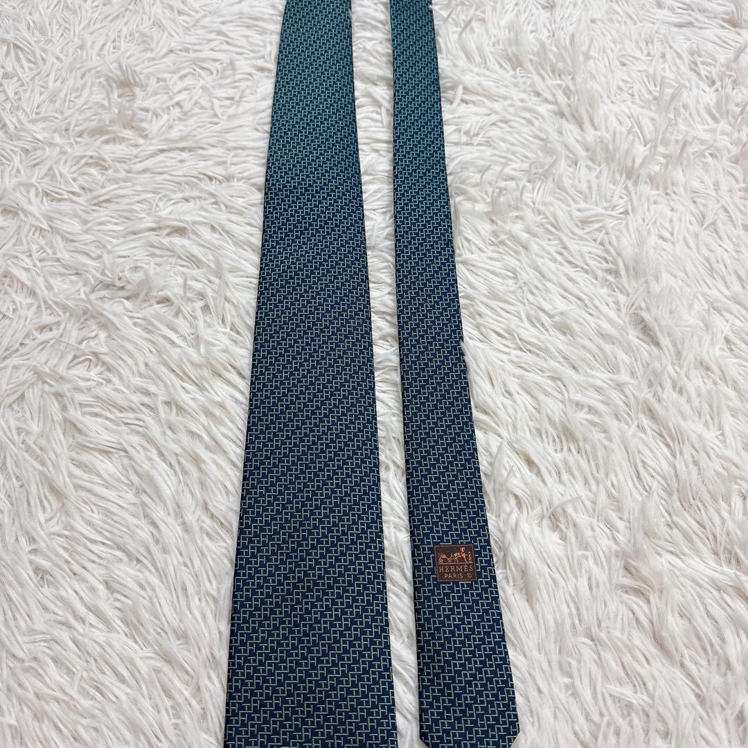 【未使用】HERMES ネクタイ H柄 シルク100% ネイビー グリーン