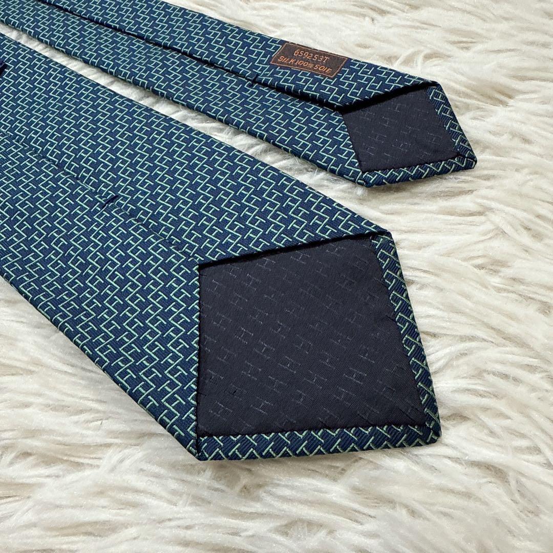 【未使用】HERMES ネクタイ H柄 シルク100% ネイビー グリーン
