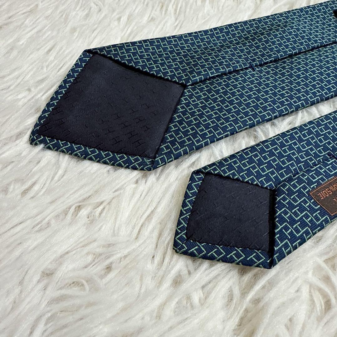 【未使用】HERMES ネクタイ H柄 シルク100% ネイビー グリーン
