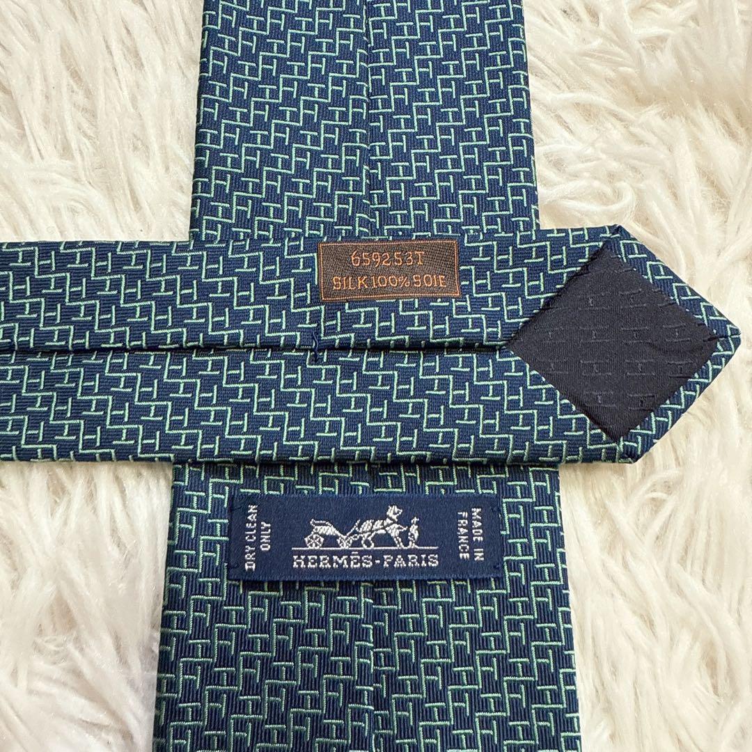 【未使用】HERMES ネクタイ H柄 シルク100% ネイビー グリーン