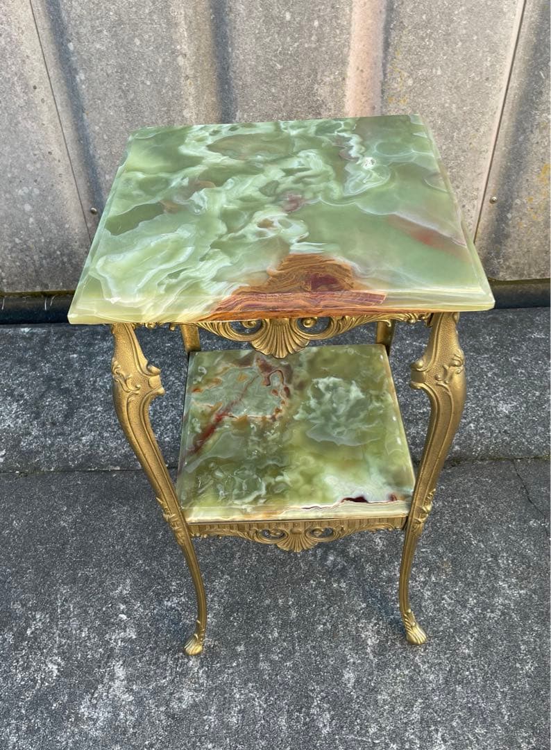 イタリア製/飾り棚/花台/大理石/グリーンオニキス/ロココ調/猫脚/2段