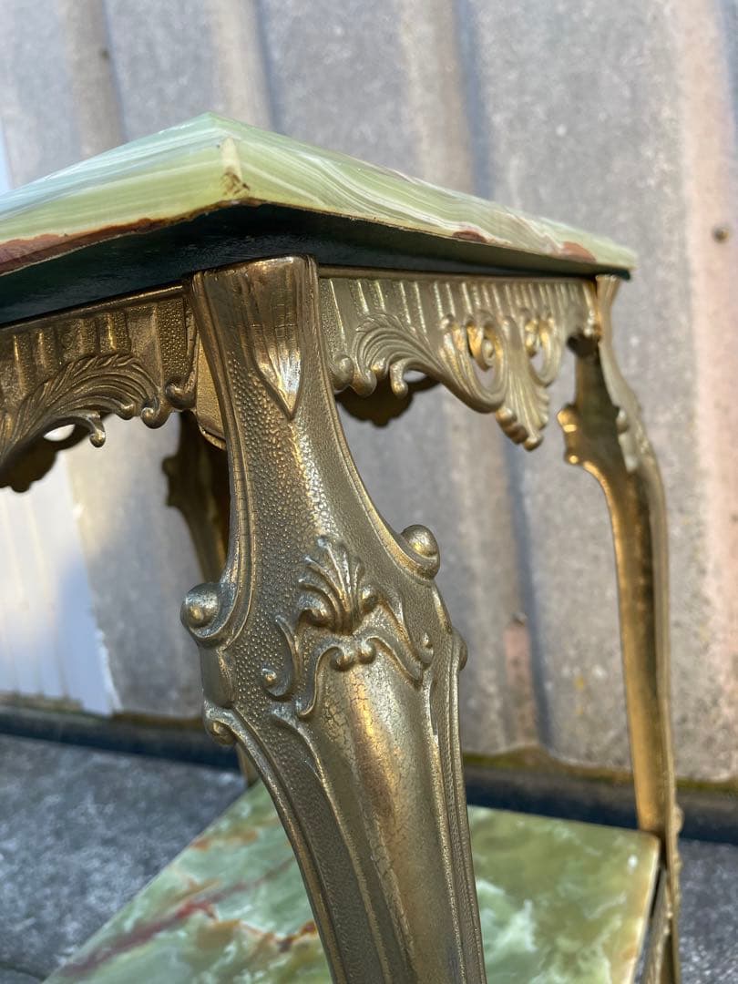 イタリア製/飾り棚/花台/大理石/グリーンオニキス/ロココ調/猫脚/2段