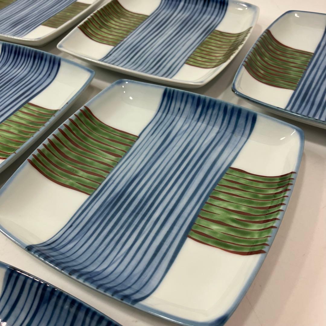 A2D88■源右衛門窯 染錦糸巻図 銘々皿 7客 角皿