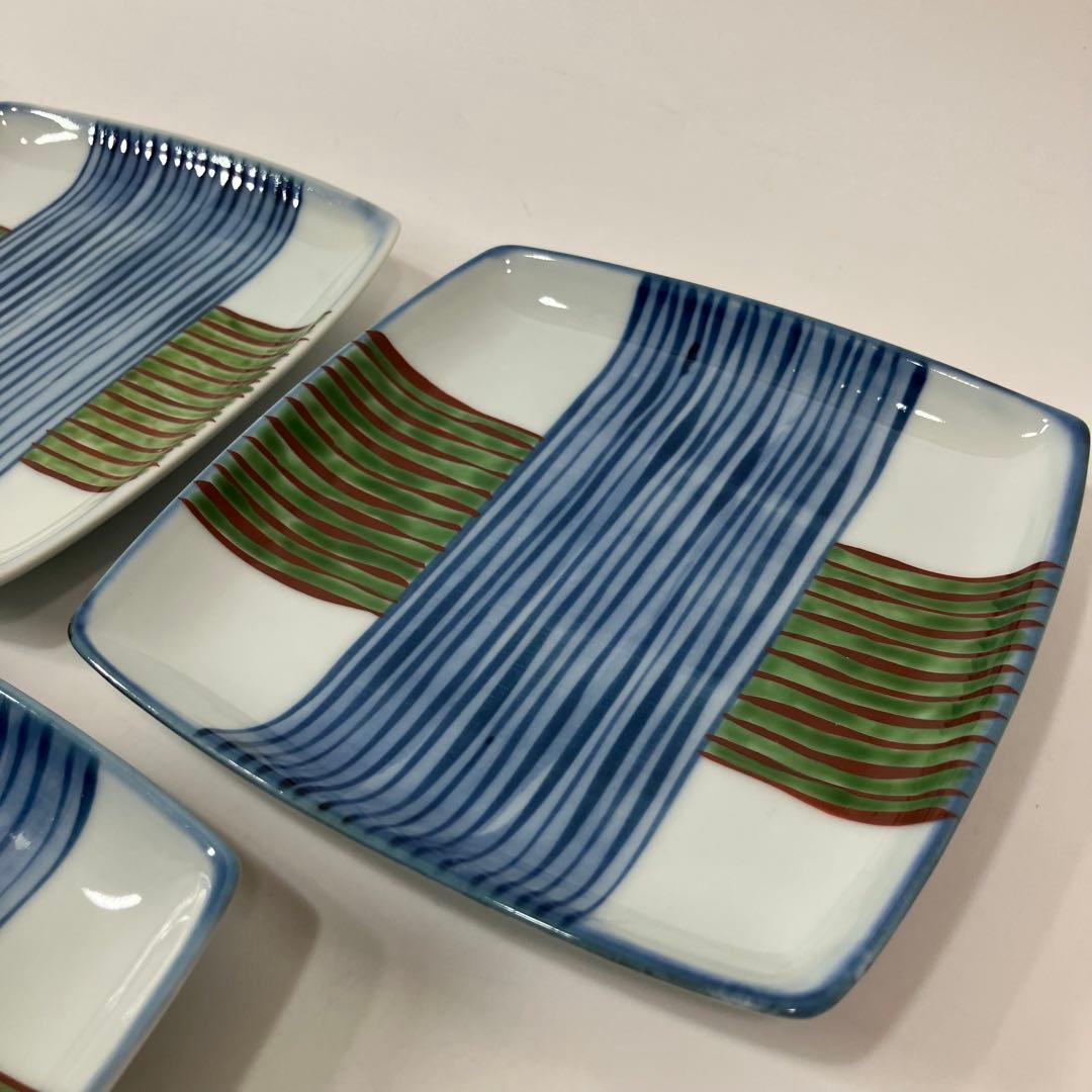 A2D88■源右衛門窯 染錦糸巻図 銘々皿 7客 角皿