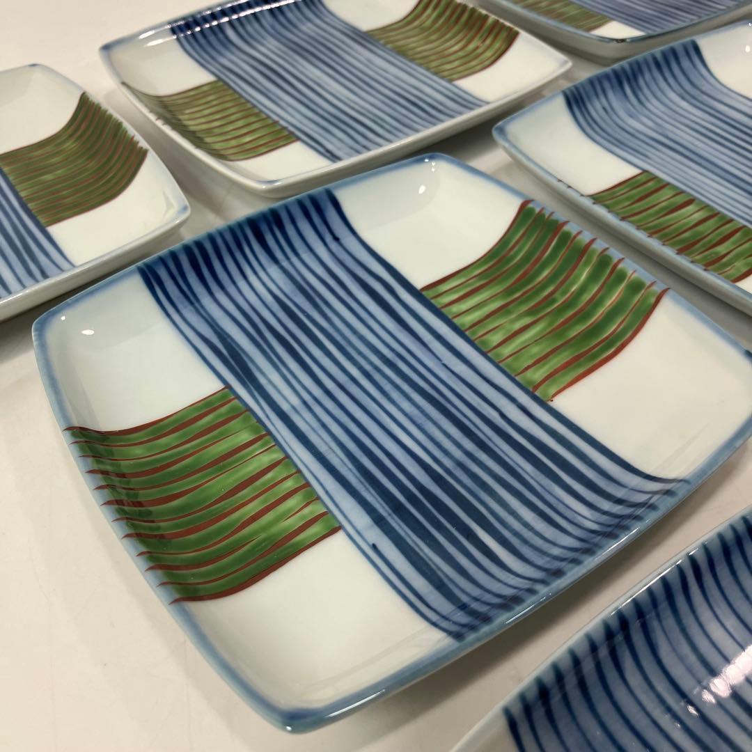 A2D88■源右衛門窯 染錦糸巻図 銘々皿 7客 角皿