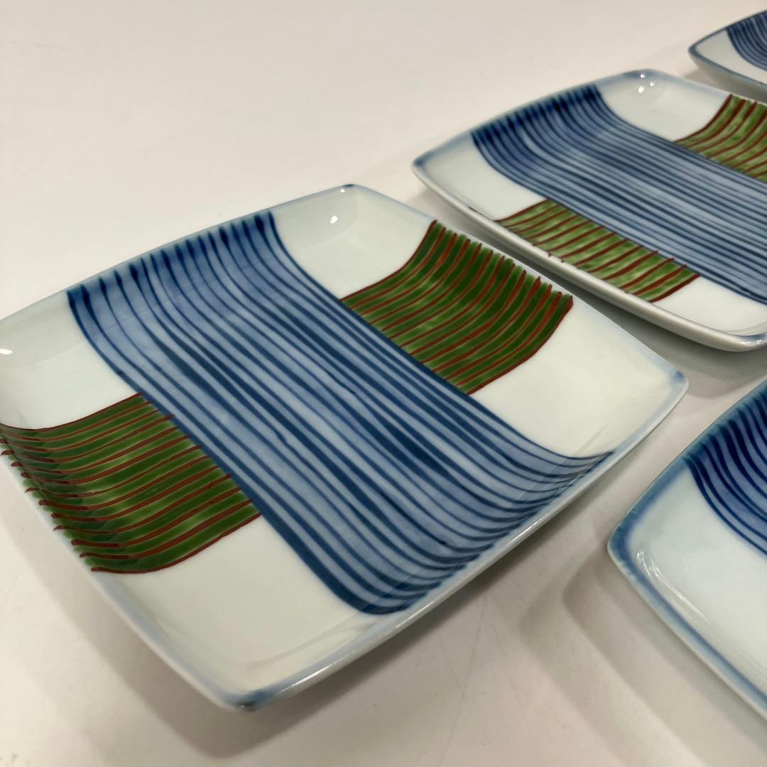 A2D88■源右衛門窯 染錦糸巻図 銘々皿 7客 角皿