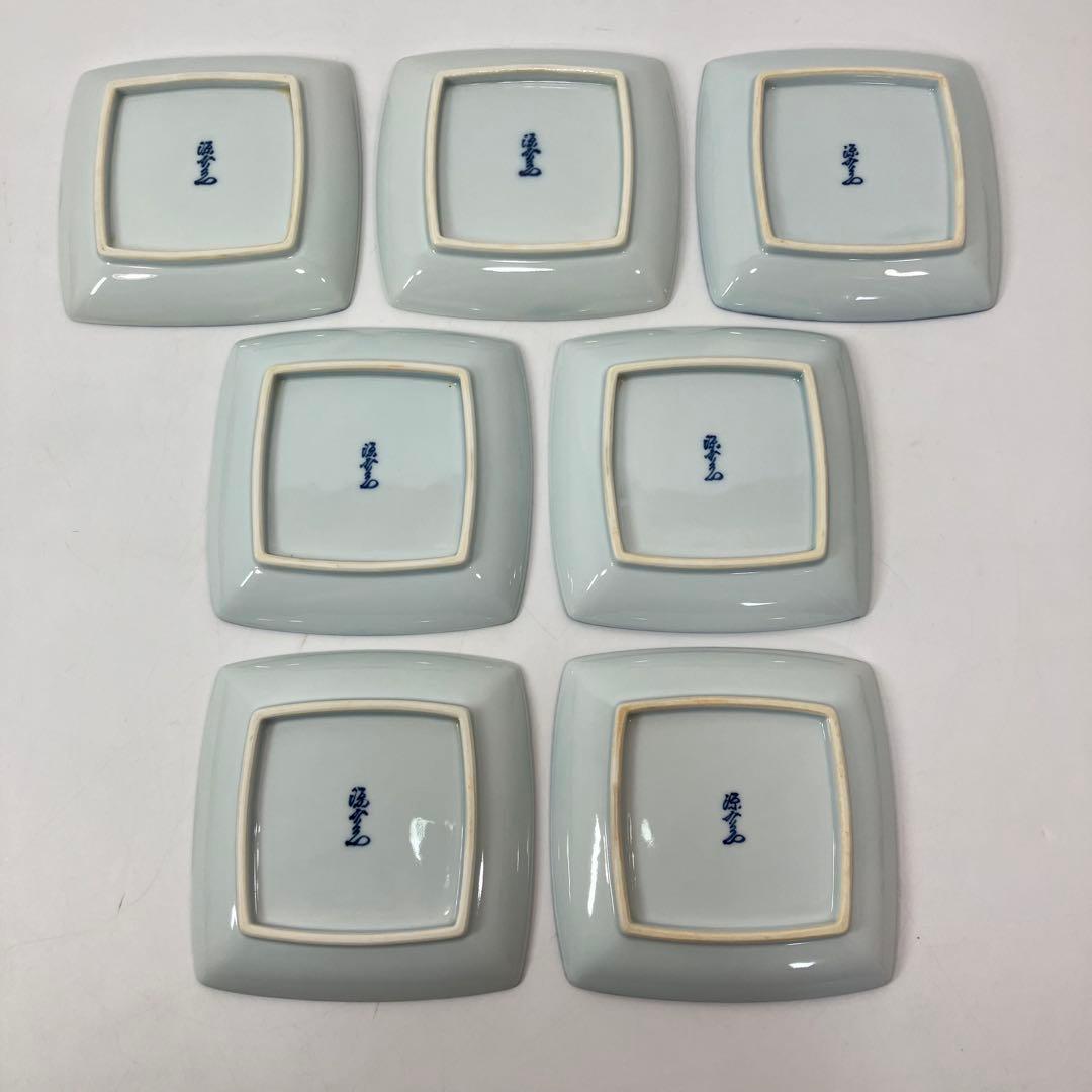 A2D88■源右衛門窯 染錦糸巻図 銘々皿 7客 角皿