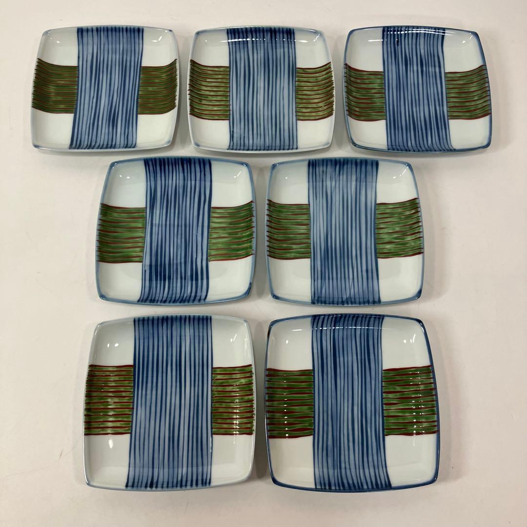 A2D88■源右衛門窯 染錦糸巻図 銘々皿 7客 角皿