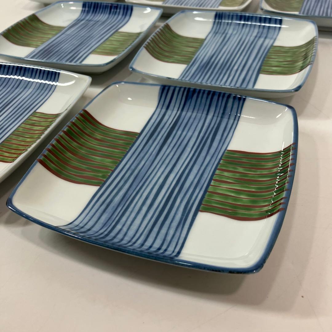 A2D88■源右衛門窯 染錦糸巻図 銘々皿 7客 角皿