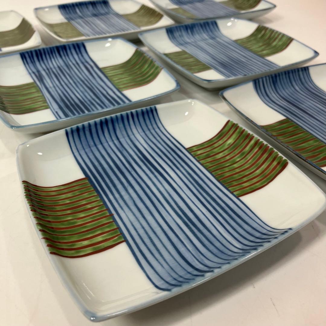 A2D88■源右衛門窯 染錦糸巻図 銘々皿 7客 角皿