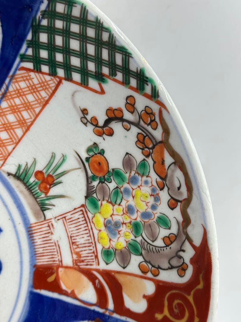 明治頃 古伊万里 有田焼 大皿 染錦牡丹菊花図 山徳窯印 直径30cm飾皿 6枚