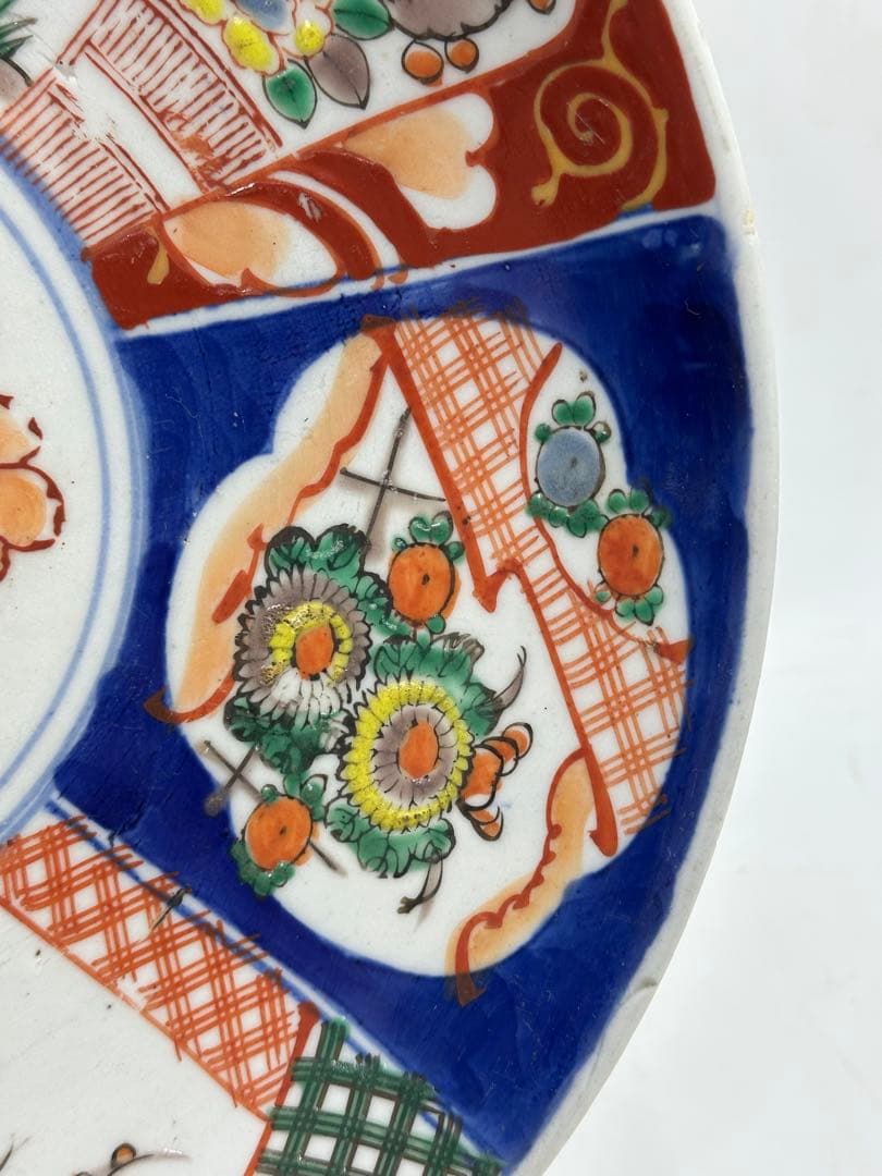 明治頃 古伊万里 有田焼 大皿 染錦牡丹菊花図 山徳窯印 直径30cm飾皿 6枚