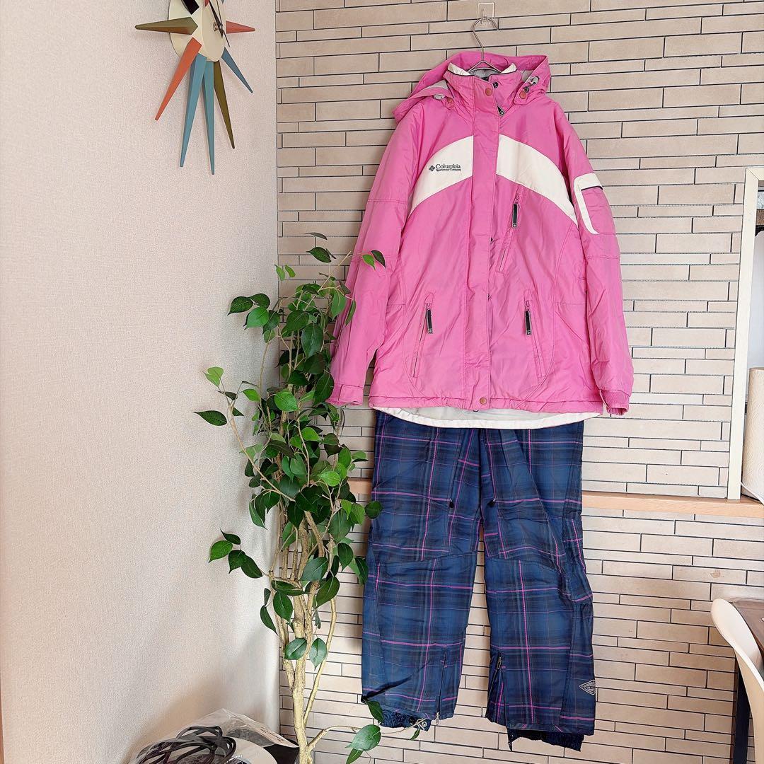コロンビア スノーウェア S ピンク チェック 上下セットアップ オムニテック