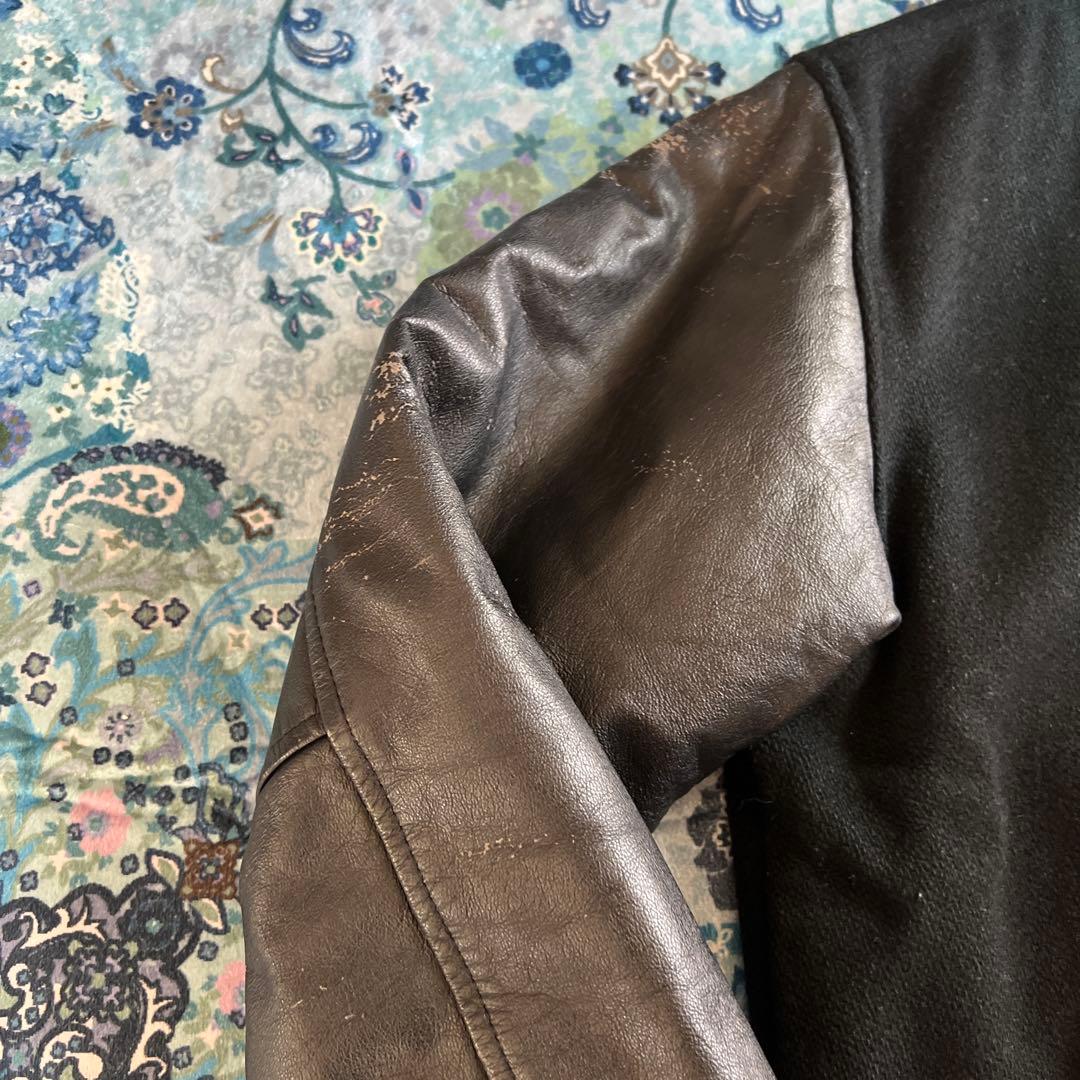 当時物　バーシティ　テニスモチーフ レタード　ウール×レザー 袖革 フェード