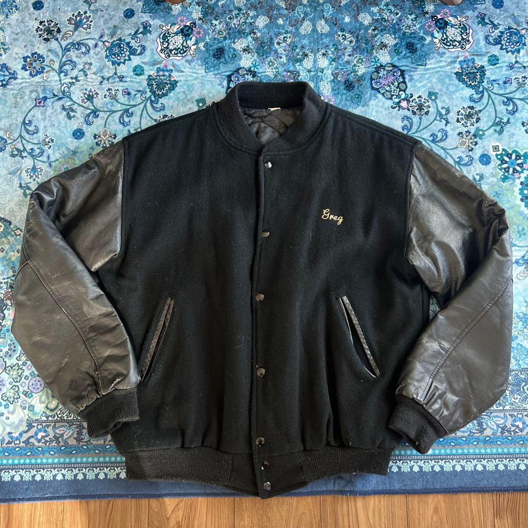 当時物　バーシティ　テニスモチーフ レタード　ウール×レザー 袖革 フェード