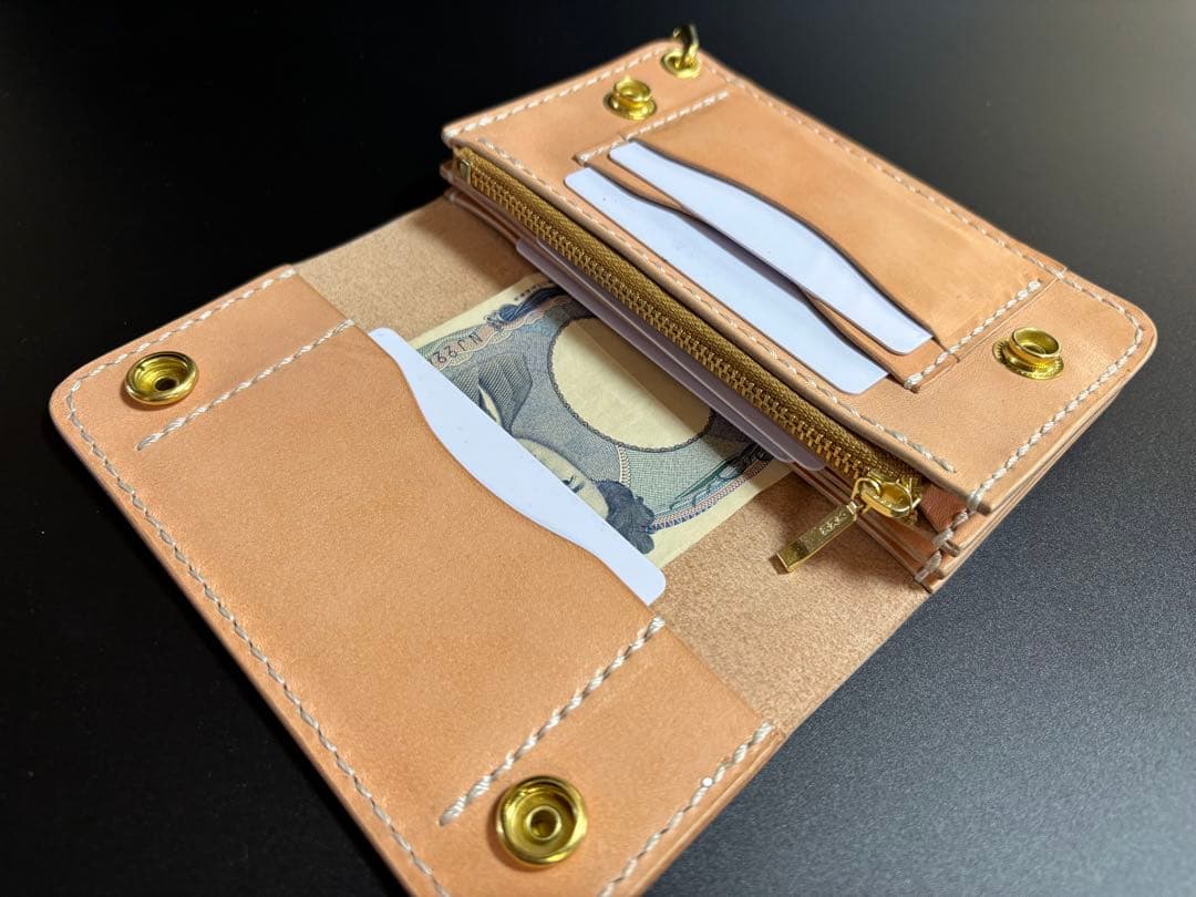 ナチュラル　サドルレザー　トラッカーウォレット　三層　真鍮　レザークラフト