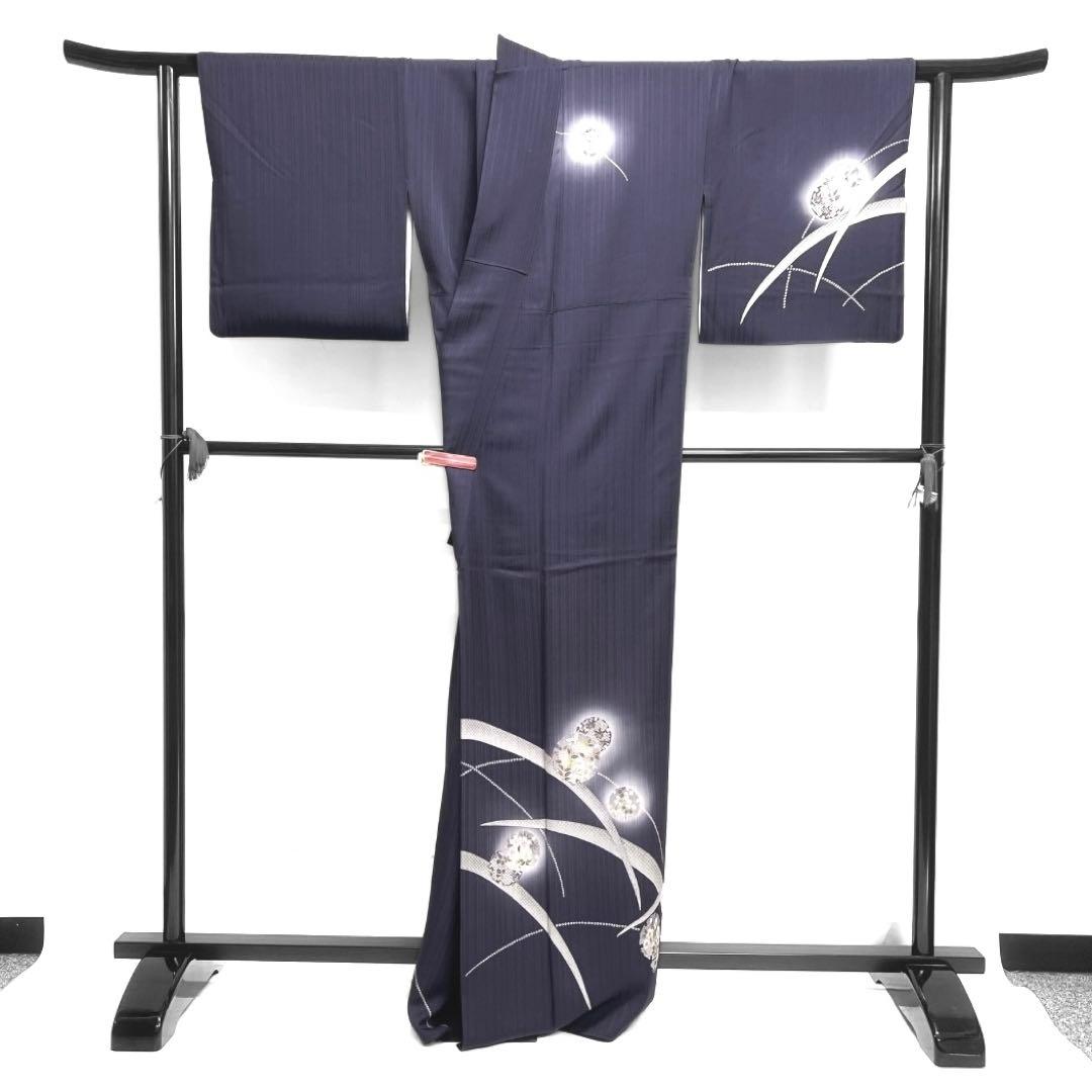 訪問着　蛍ぼかし　雪輪紋　芝草　縦縞　ネイビー着物　041a d