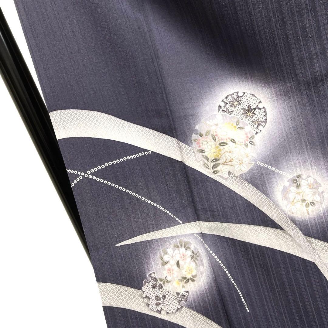 訪問着　蛍ぼかし　雪輪紋　芝草　縦縞　ネイビー着物　041a d