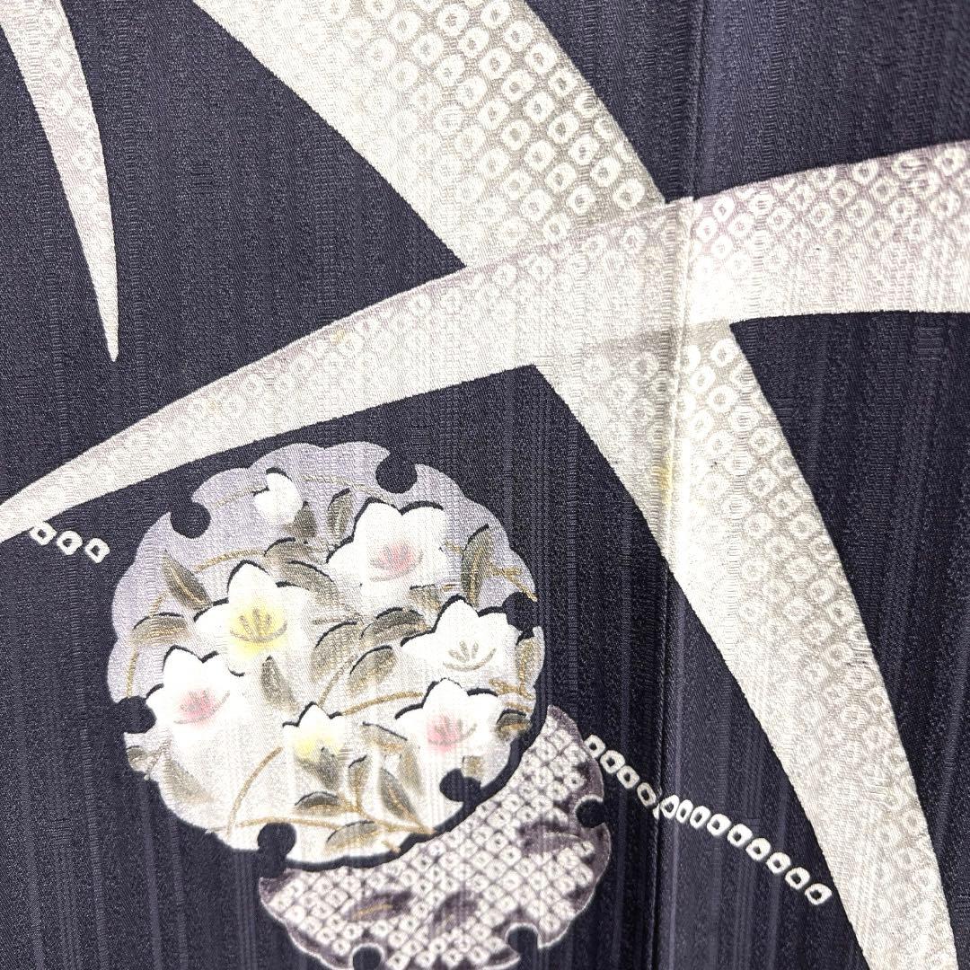 訪問着　蛍ぼかし　雪輪紋　芝草　縦縞　ネイビー着物　041a d