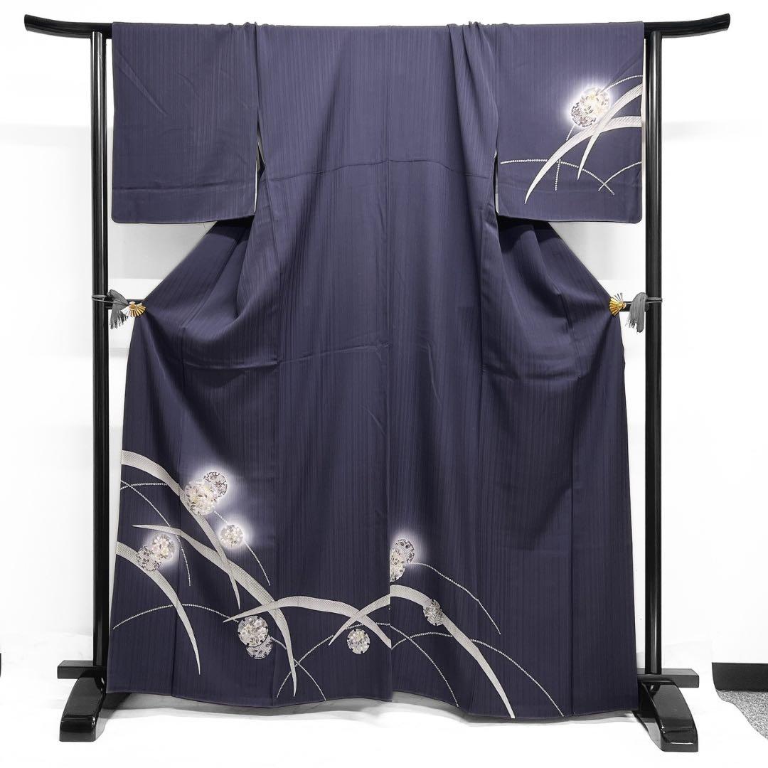 訪問着　蛍ぼかし　雪輪紋　芝草　縦縞　ネイビー着物　041a d