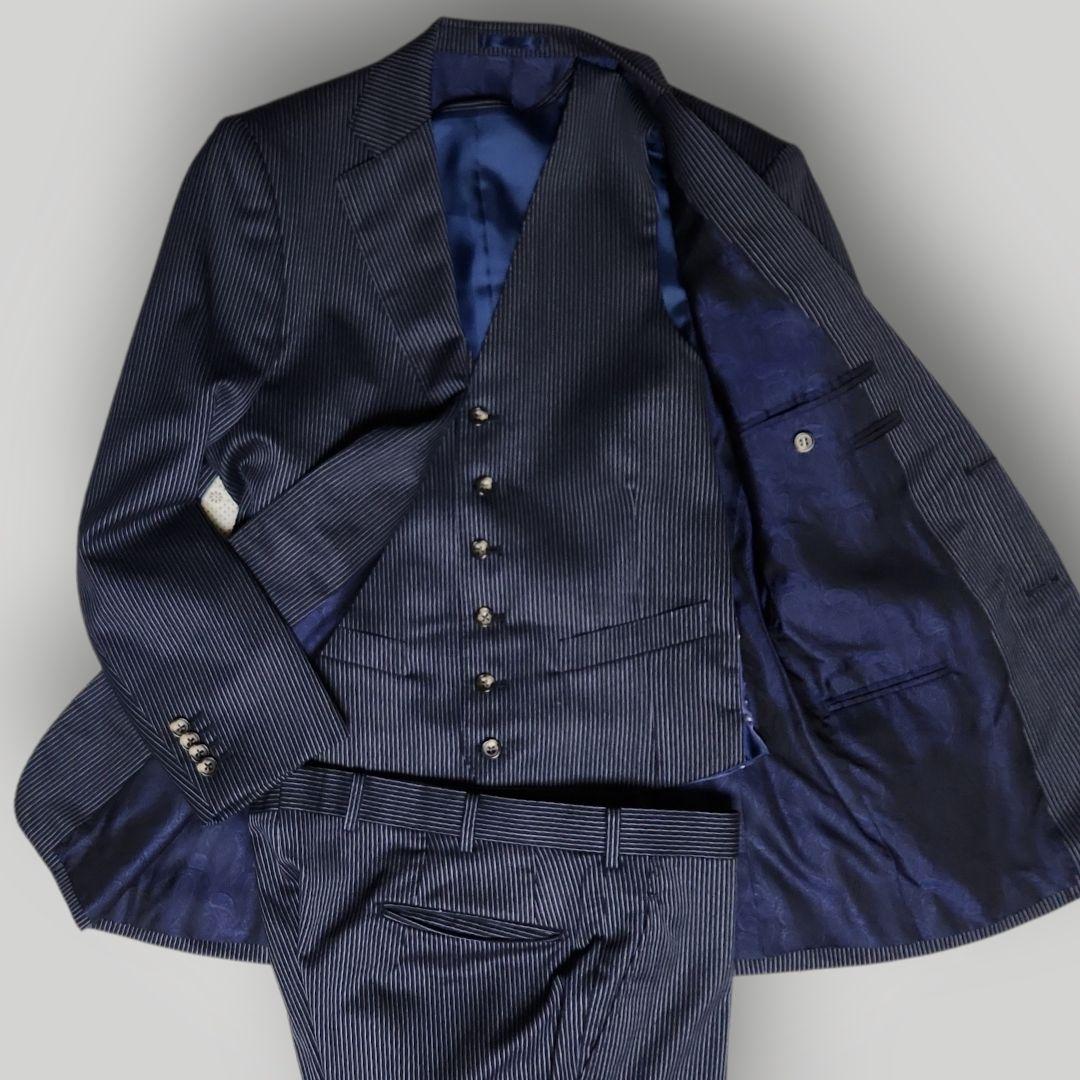 オーダースーツ 3ピース M相当 ネイビー ストライプ