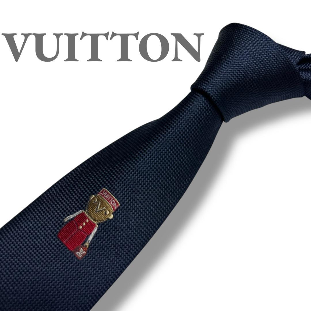 未使用級　ルイヴィトン ネクタイ ガストンネイビー シルク イタリア　刺繍