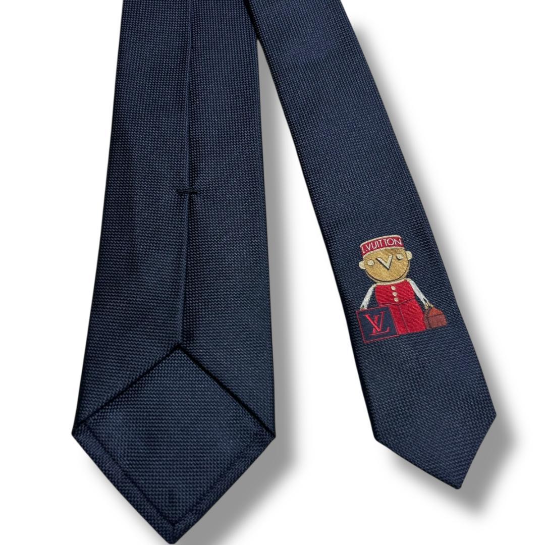 未使用級　ルイヴィトン ネクタイ ガストンネイビー シルク イタリア　刺繍