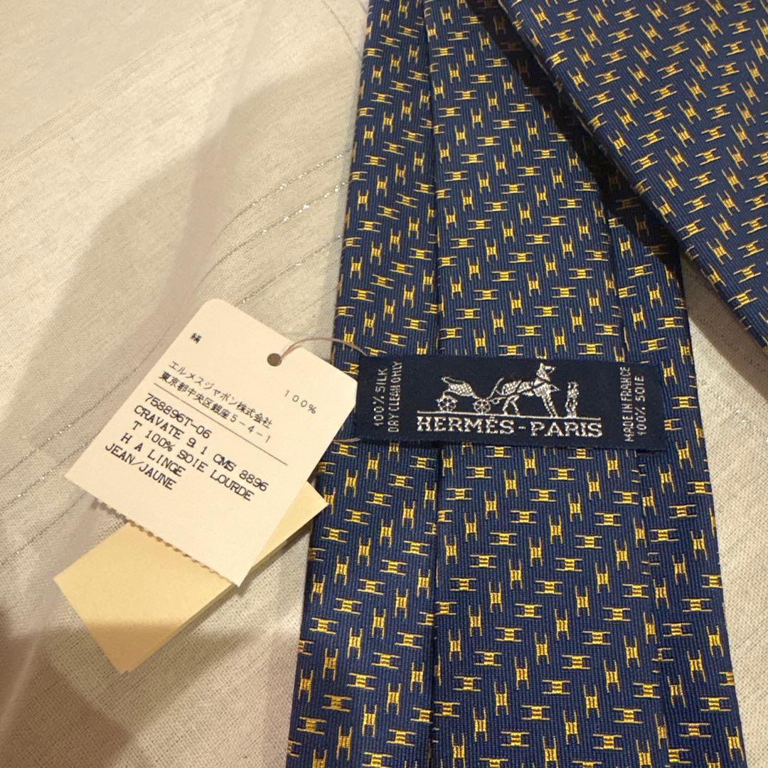【新品、未使用】HERMES エルメス　ネクタイ ネイビー/イエロー